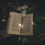 Crop person with opened book near fresh flowers in shadow in sunny summer day